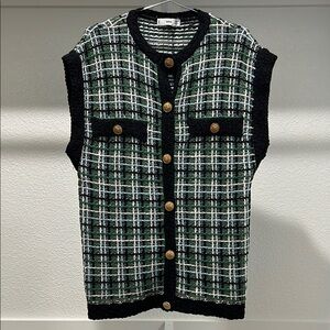Mango Black and Green Plaid Vest